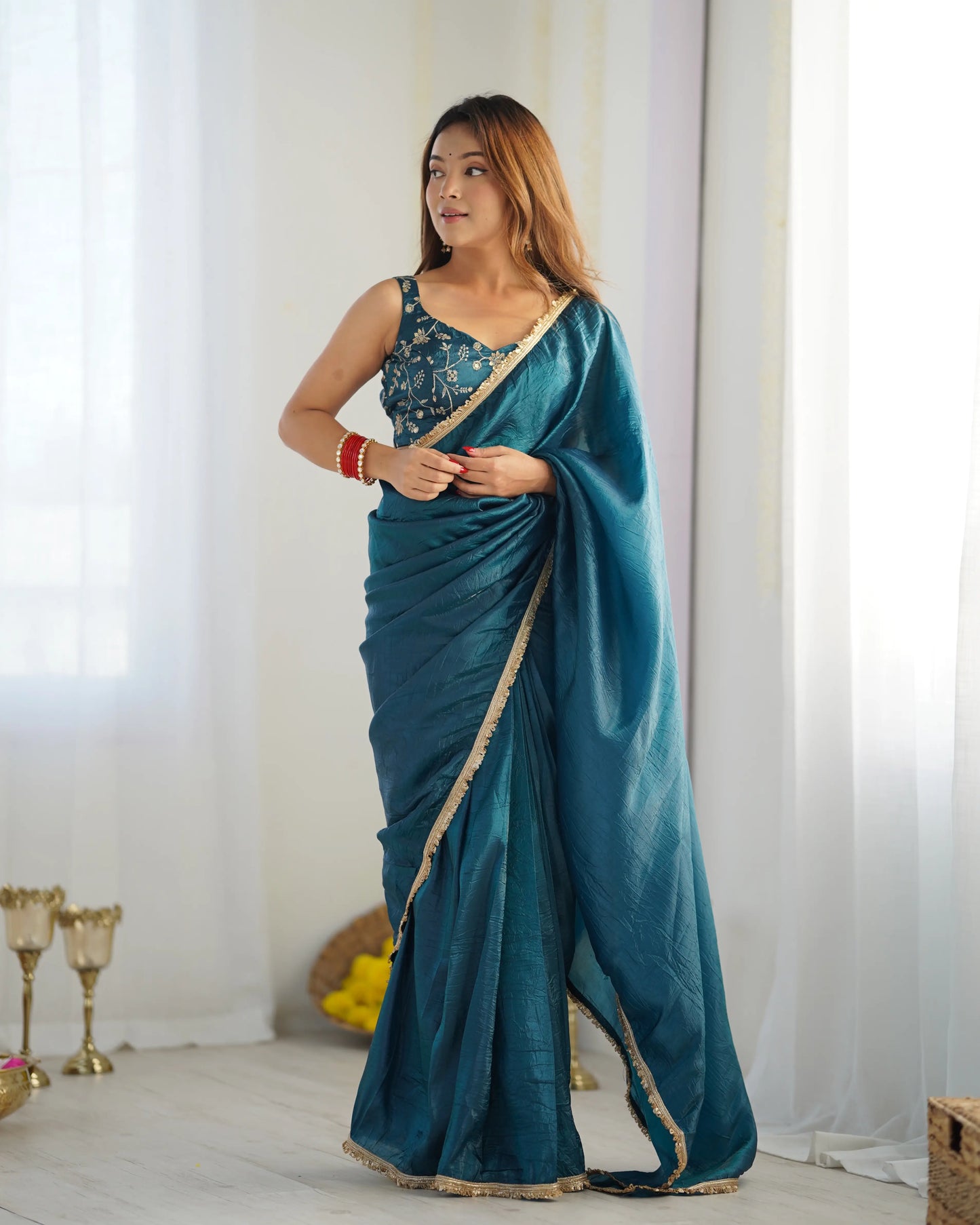 Teal Blue Gold Crush Tissue Pre Draped Ready To Wear Saree