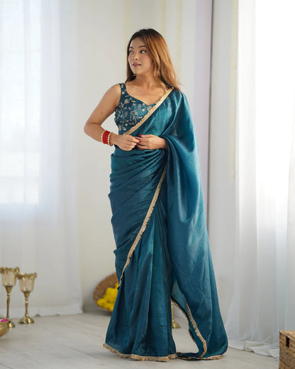Teal Blue Gold Crush Tissue Pre Draped Ready To Wear Saree