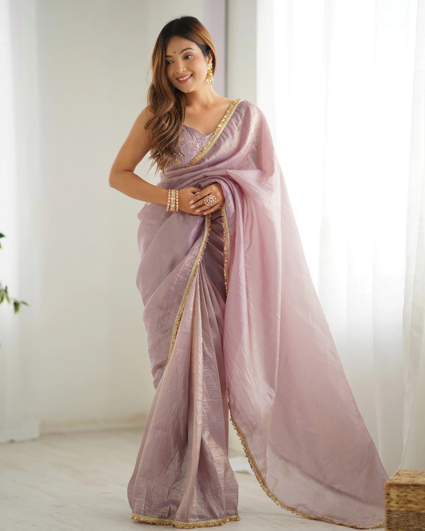 Dusty Mauve Gold Crush Tissue Pre Draped Ready To Wear Saree
