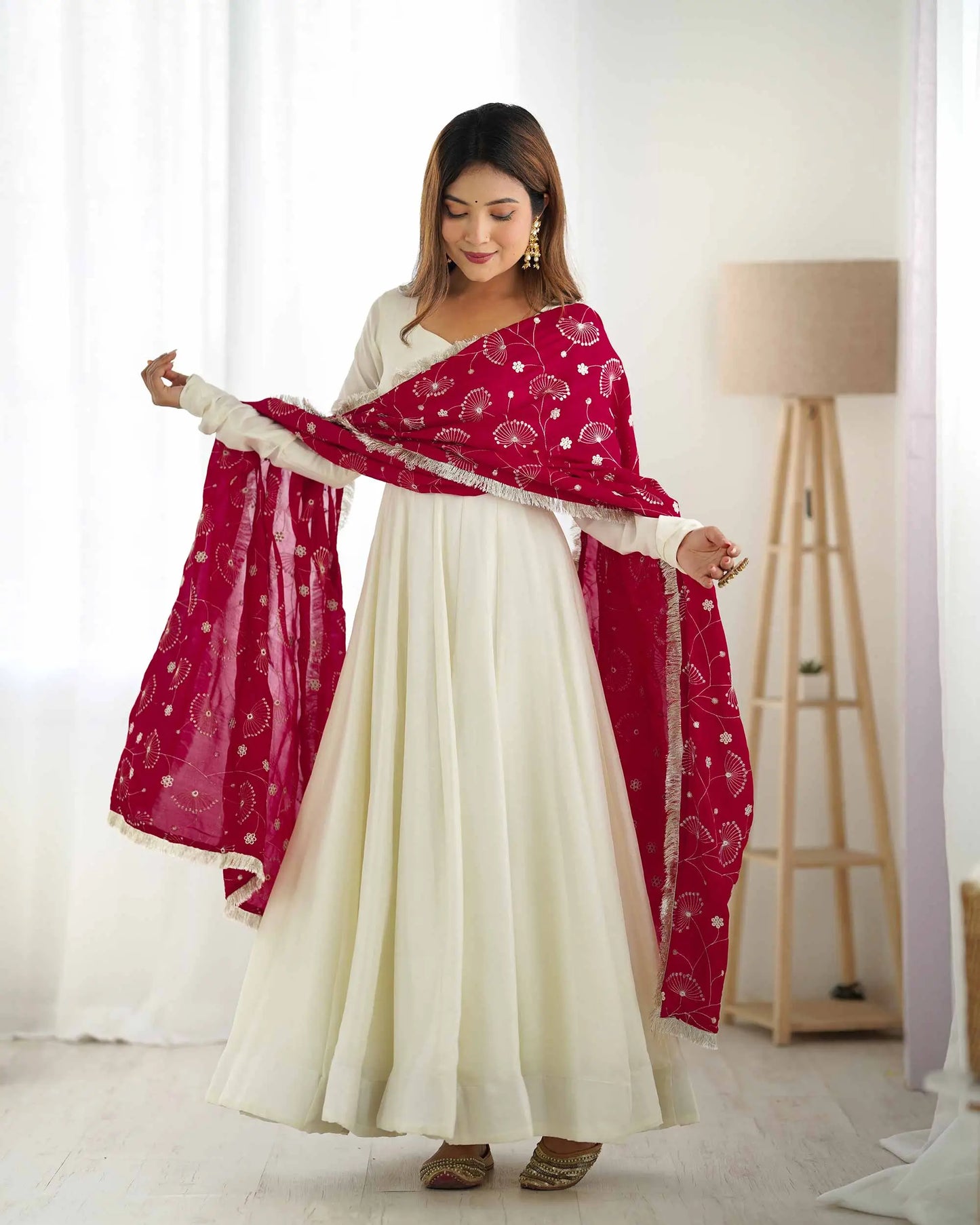 Rani Pink And Off White Vichitra Silk Gown With Heavy Embroidery Work Dupatta