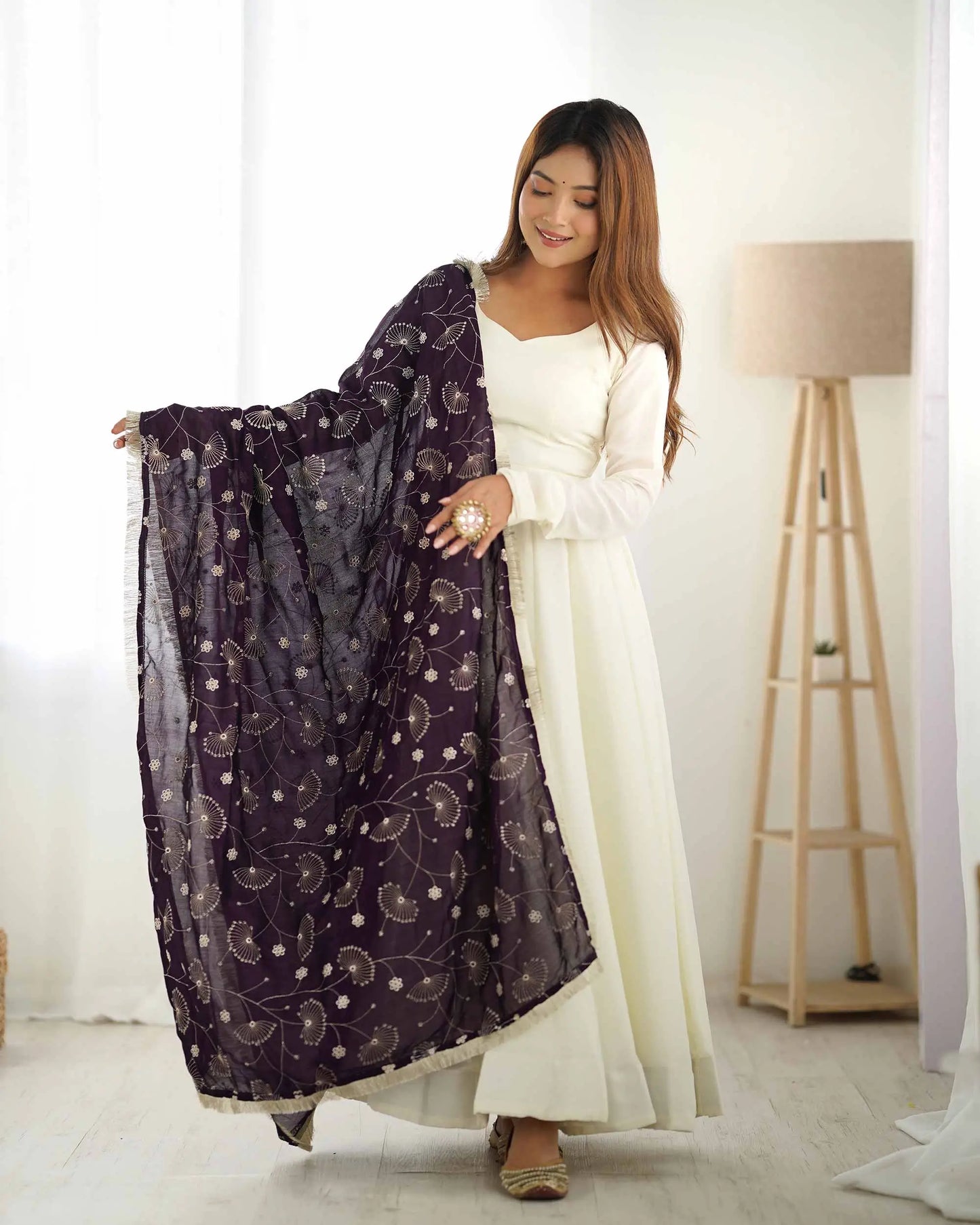 Wine And Off White Vichitra Silk Gown With Heavy Embroidery Work Dupatta