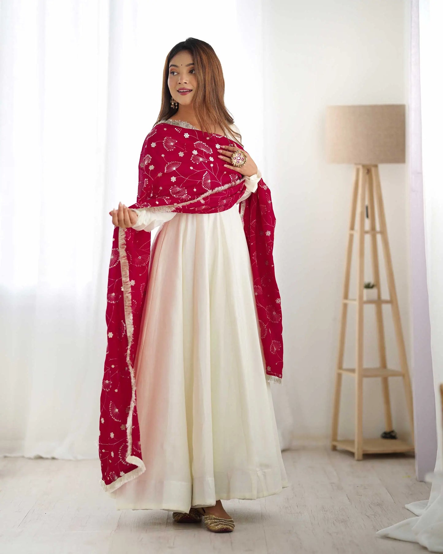 Rani Pink And Off White Vichitra Silk Gown With Heavy Embroidery Work Dupatta