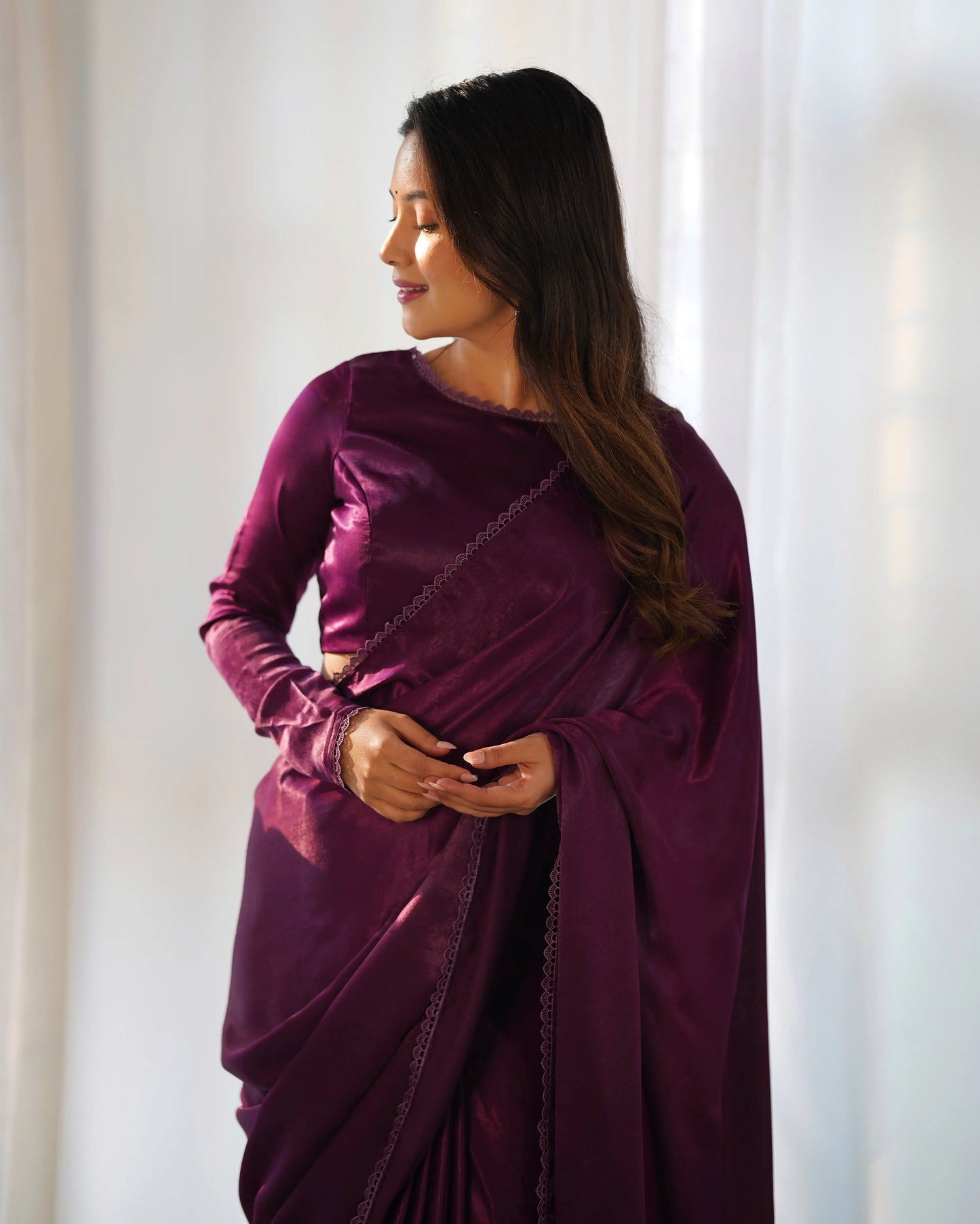 Wine Marble Velvet Pre Draped Ready To Wear Saree