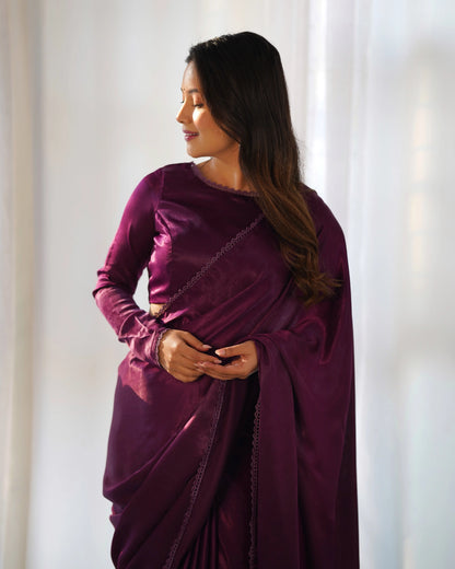 Wine Marble Velvet Pre Draped Ready To Wear Saree