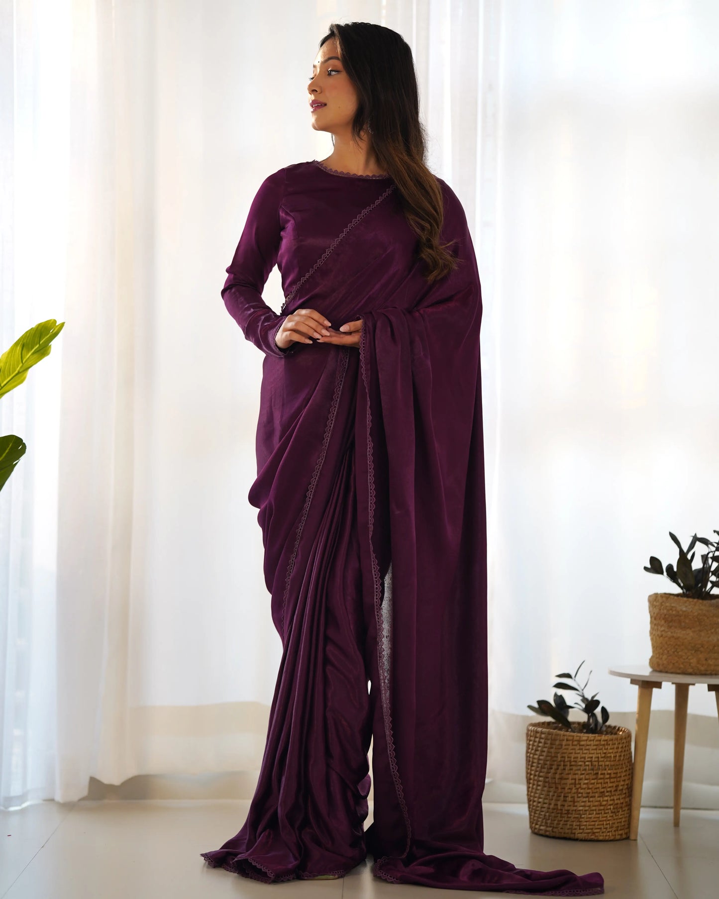 Wine Marble Velvet Pre Draped Ready To Wear Saree