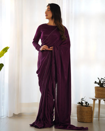 Wine Marble Velvet Pre Draped Ready To Wear Saree