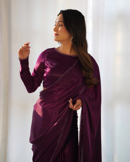 Wine Marble Velvet Pre Draped Ready To Wear Saree