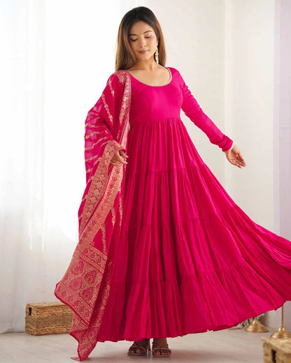 Dark Pink Silk Gown With Jacquard Banarasi Dupatta