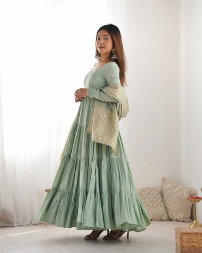 Pista Silk Gown With Jacquard Banarasi Dupatta