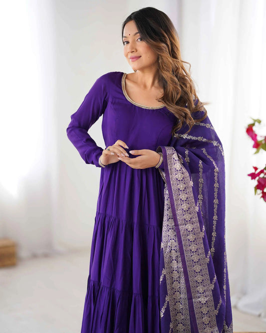 Dark Purple Silk Gown With Jacquard Banarasi Dupatta