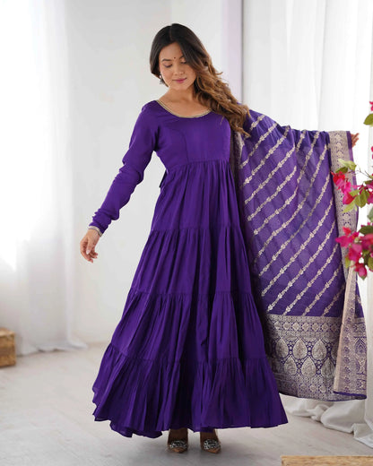 Dark Purple Silk Gown With Jacquard Banarasi Dupatta