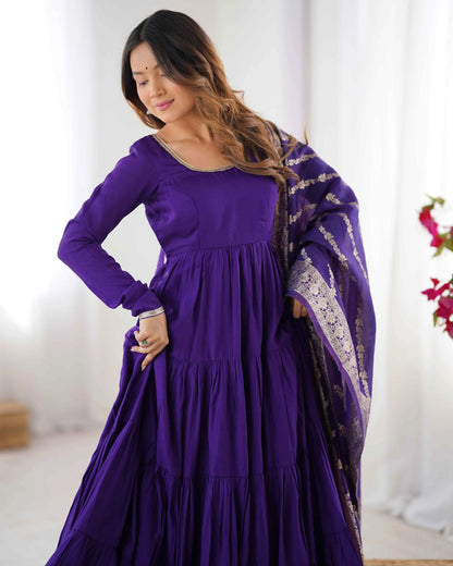 Dark Purple Silk Gown With Jacquard Banarasi Dupatta