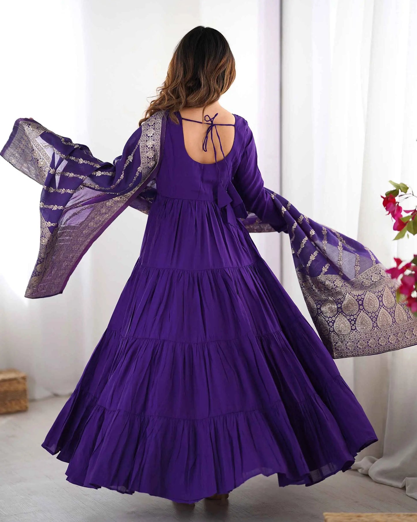 Dark Purple Silk Gown With Jacquard Banarasi Dupatta