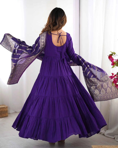 Dark Purple Silk Gown With Jacquard Banarasi Dupatta