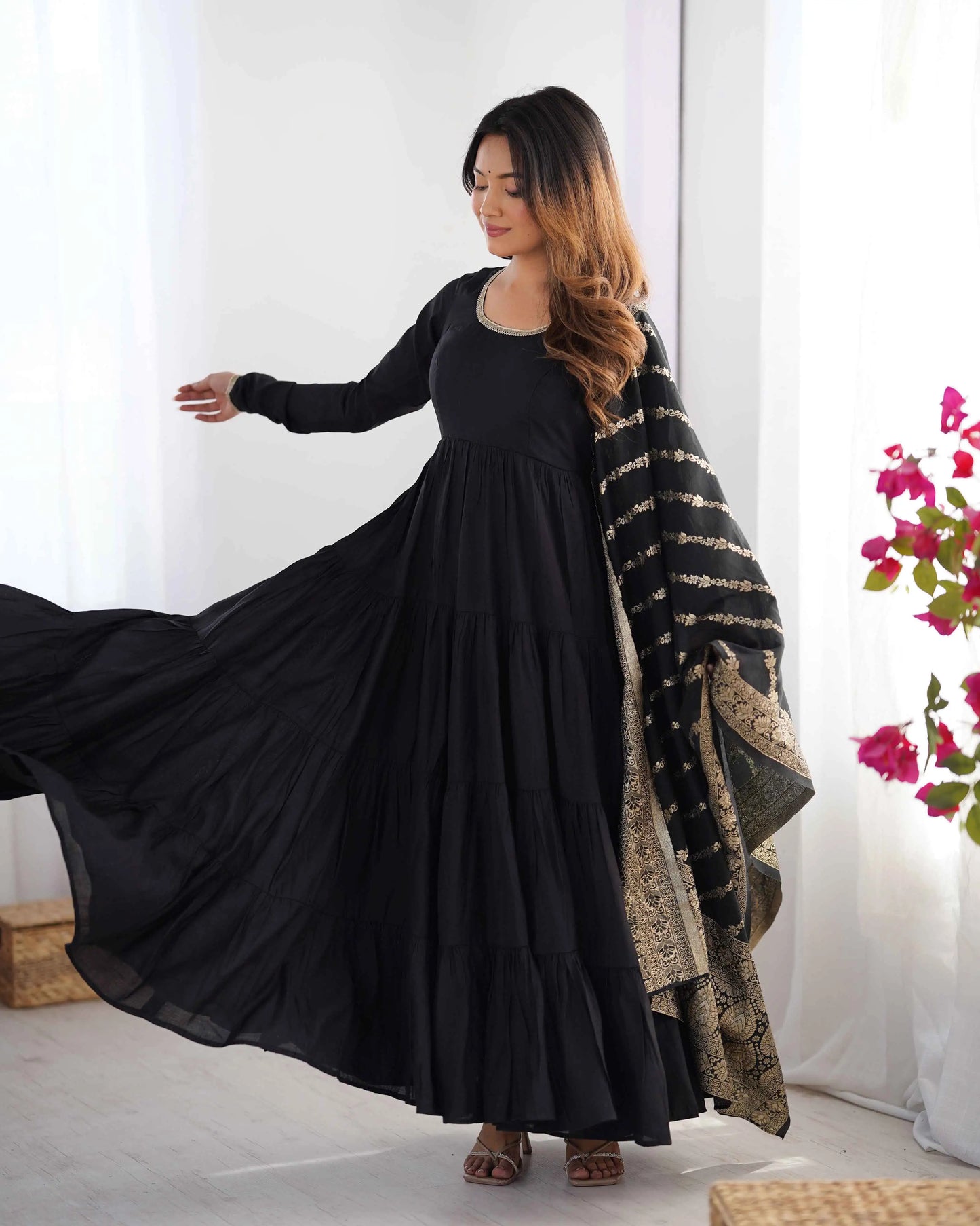 Black Silk Gown With Jacquard Banarasi Dupatta