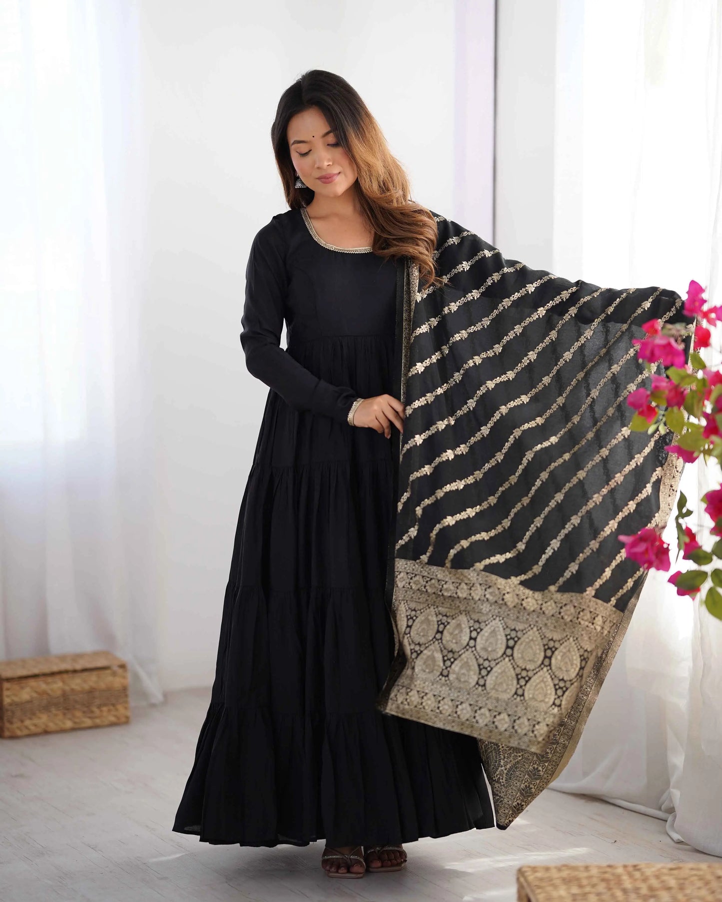Black Silk Gown With Jacquard Banarasi Dupatta