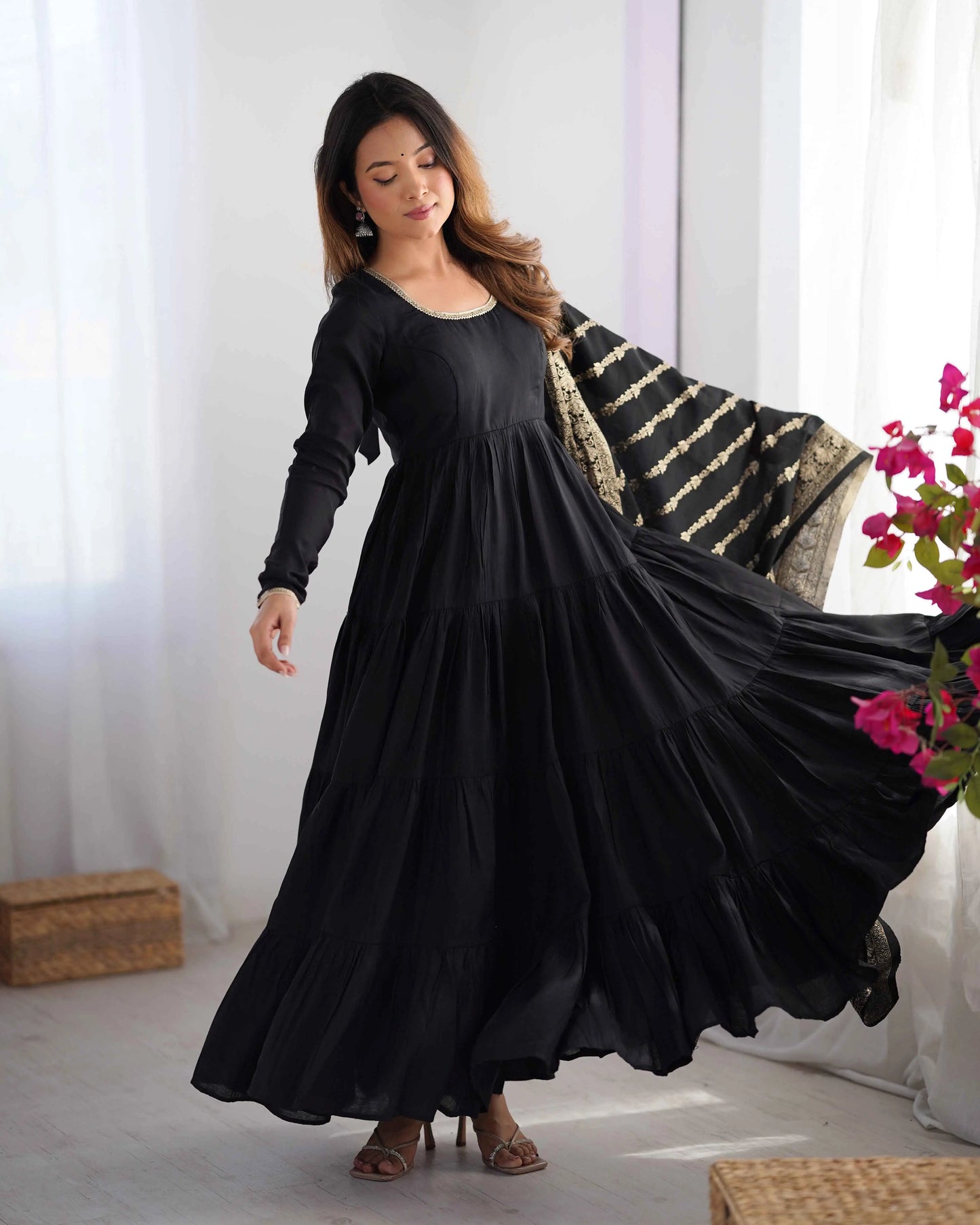 Black Silk Gown With Jacquard Banarasi Dupatta