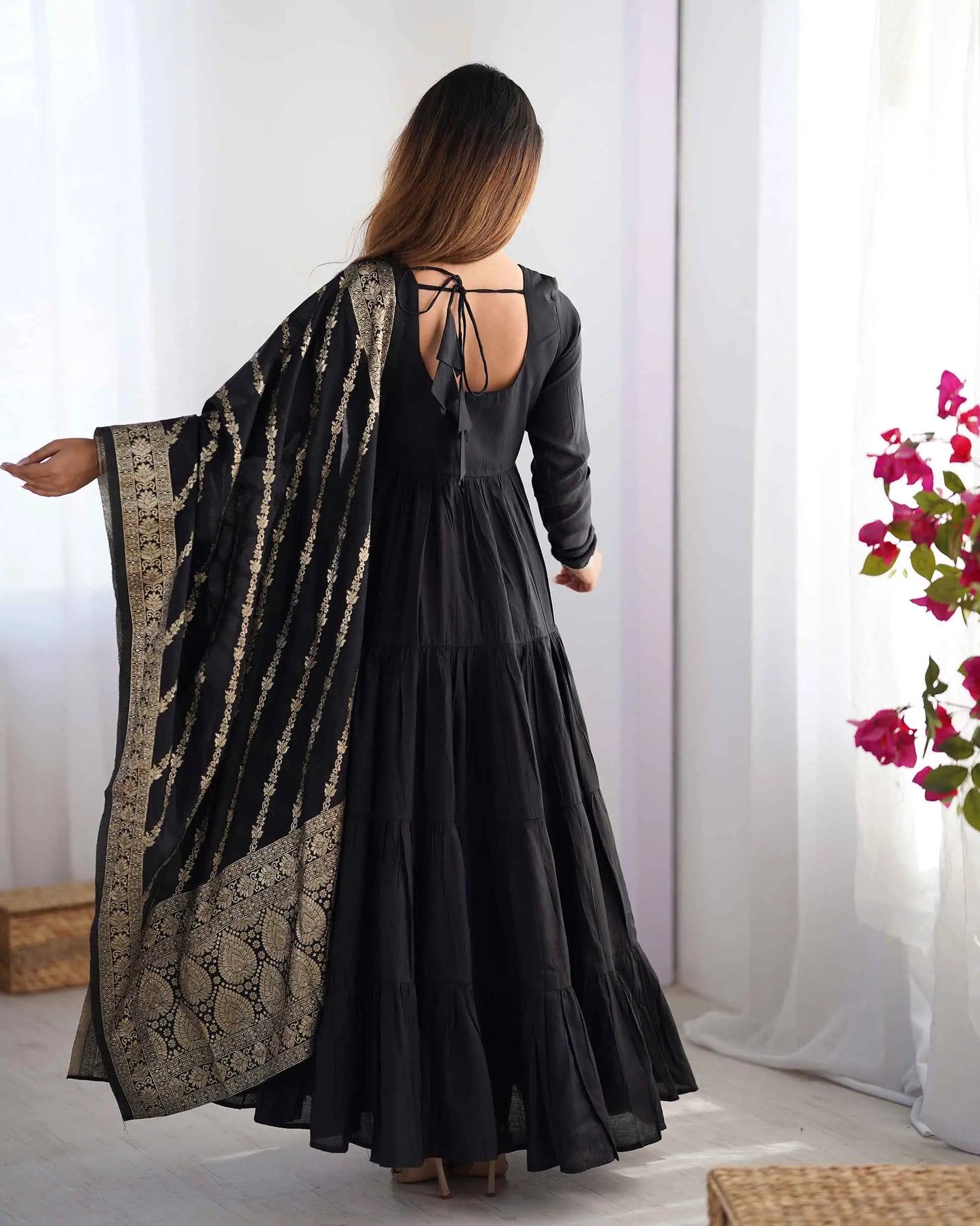 Black Silk Gown With Jacquard Banarasi Dupatta
