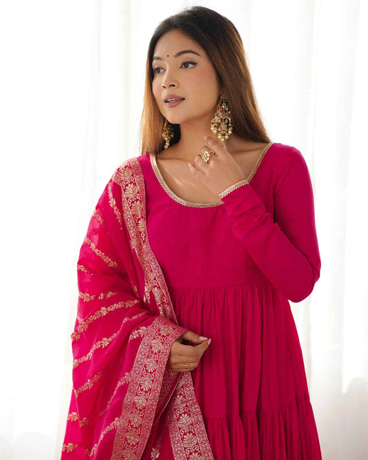 Dark Pink Silk Gown With Jacquard Banarasi Dupatta