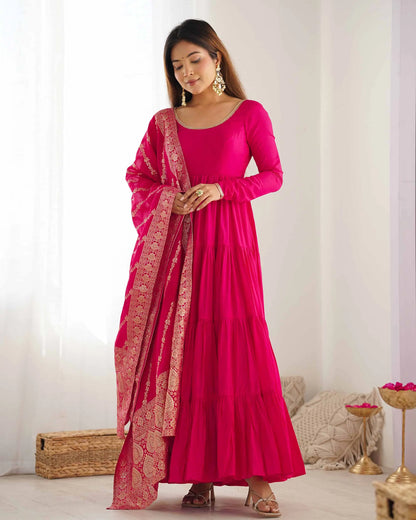 Dark Pink Silk Gown With Jacquard Banarasi Dupatta