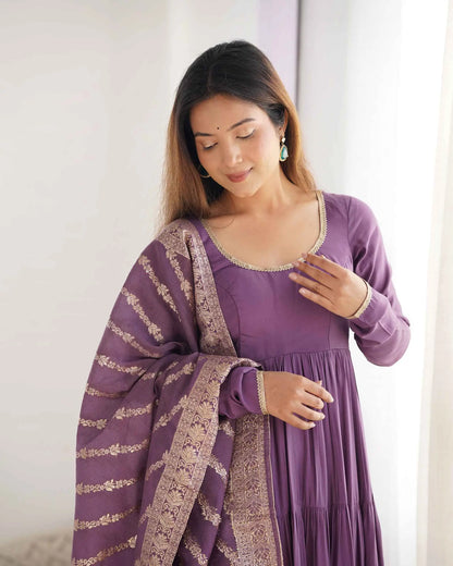 Mauve Purple Silk Gown With Jacquard Banarasi Dupatta