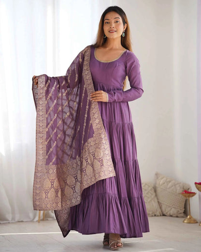 Mauve Purple Silk Gown With Jacquard Banarasi Dupatta