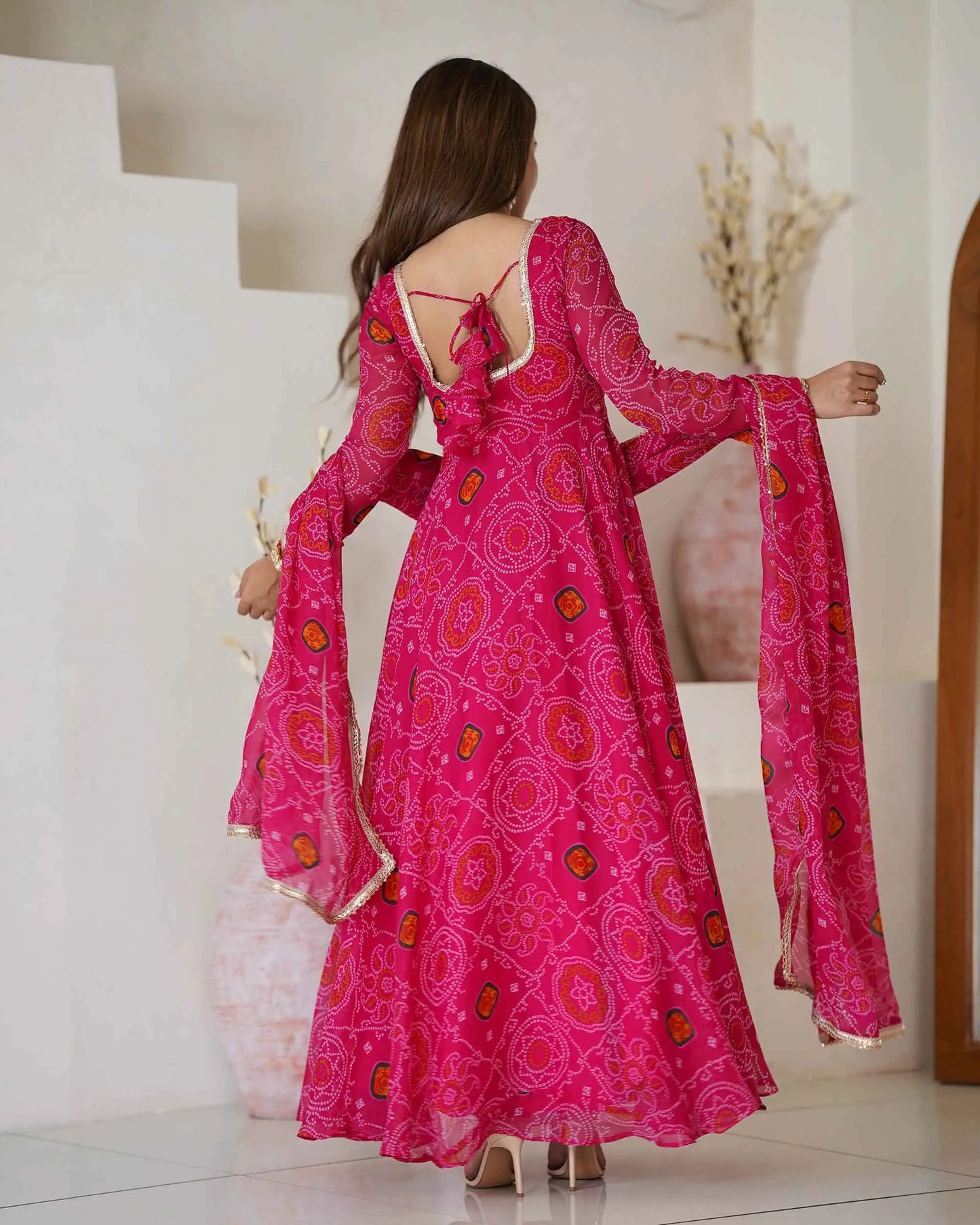 Pink Soft Light Weight Chiffon Bandhej Print Gown With Dupatta
