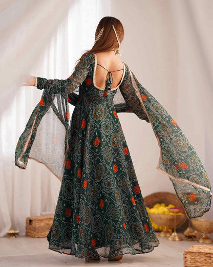 Dark Green Soft Light Weight Chiffon Bandhej Print Gown With Dupatta