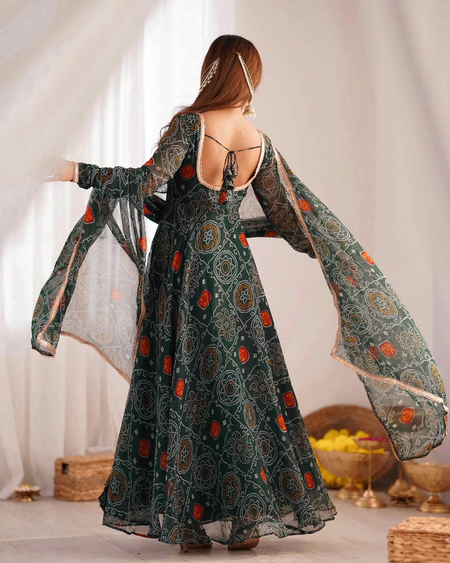 Dark Green Soft Light Weight Chiffon Bandhej Print Gown With Dupatta