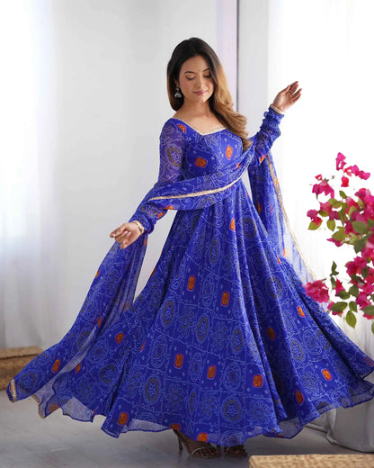 Royal Blue Soft Light Weight Chiffon Bandhej Print Gown With Dupatta