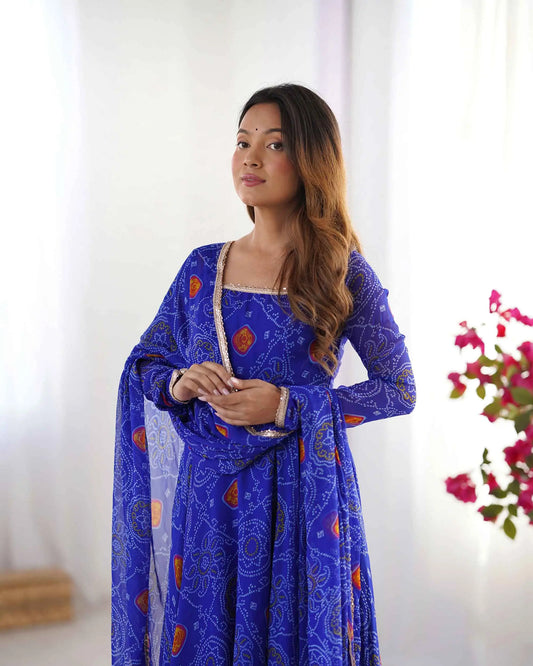 Royal Blue Soft Light Weight Chiffon Bandhej Print Gown With Dupatta