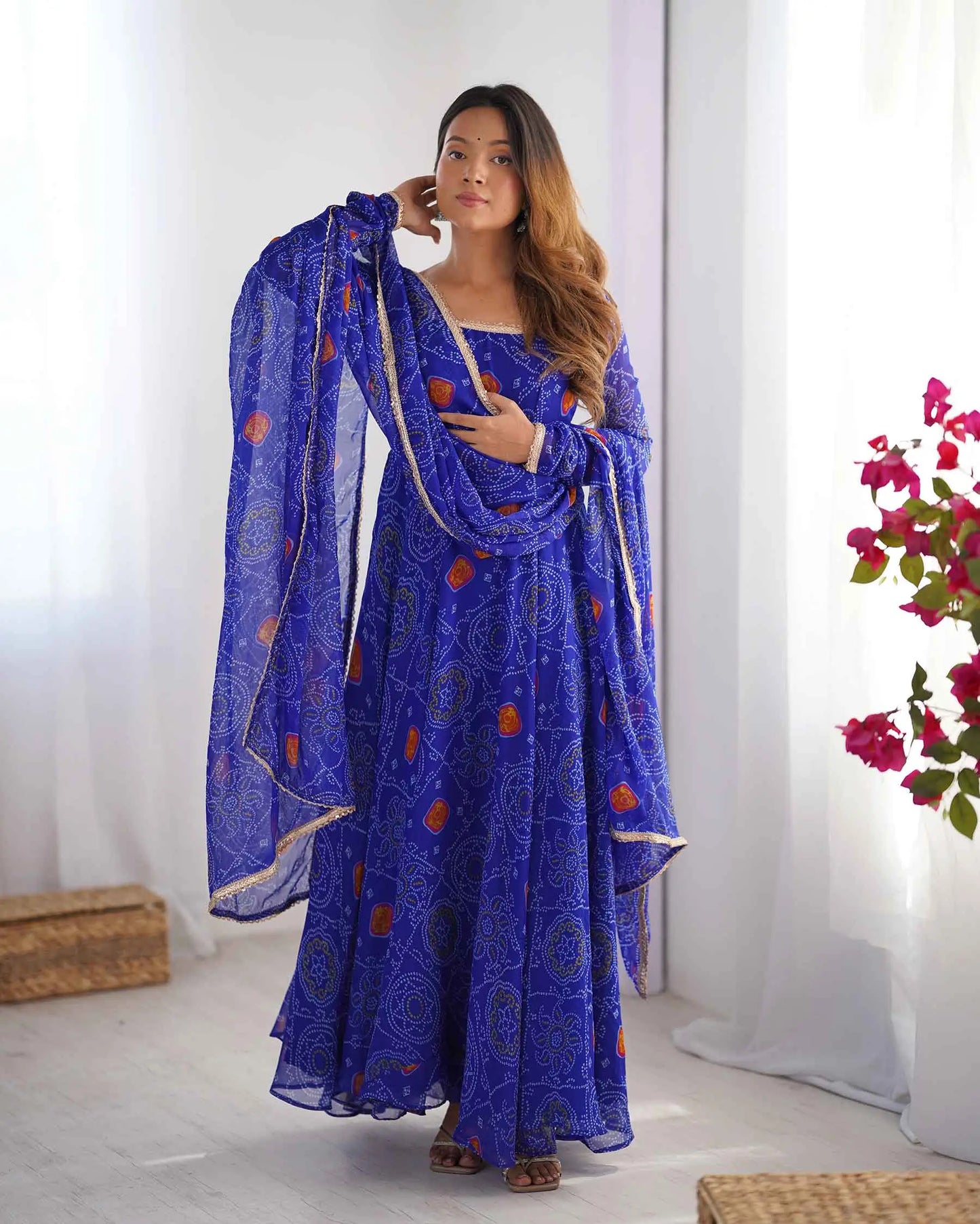 Royal Blue Soft Light Weight Chiffon Bandhej Print Gown With Dupatta
