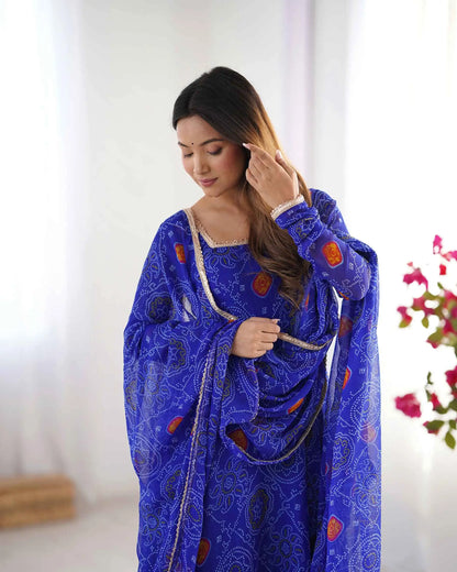 Royal Blue Soft Light Weight Chiffon Bandhej Print Gown With Dupatta