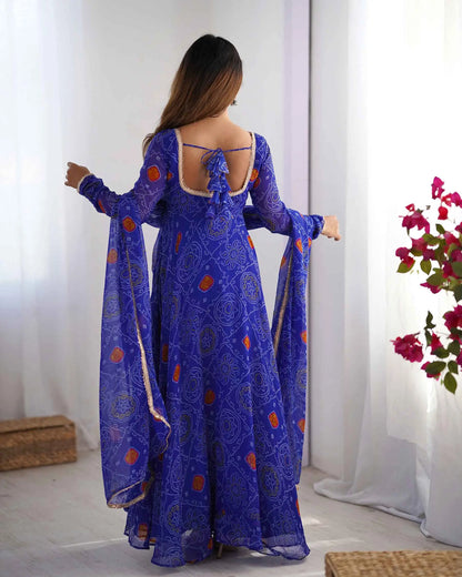Royal Blue Soft Light Weight Chiffon Bandhej Print Gown With Dupatta