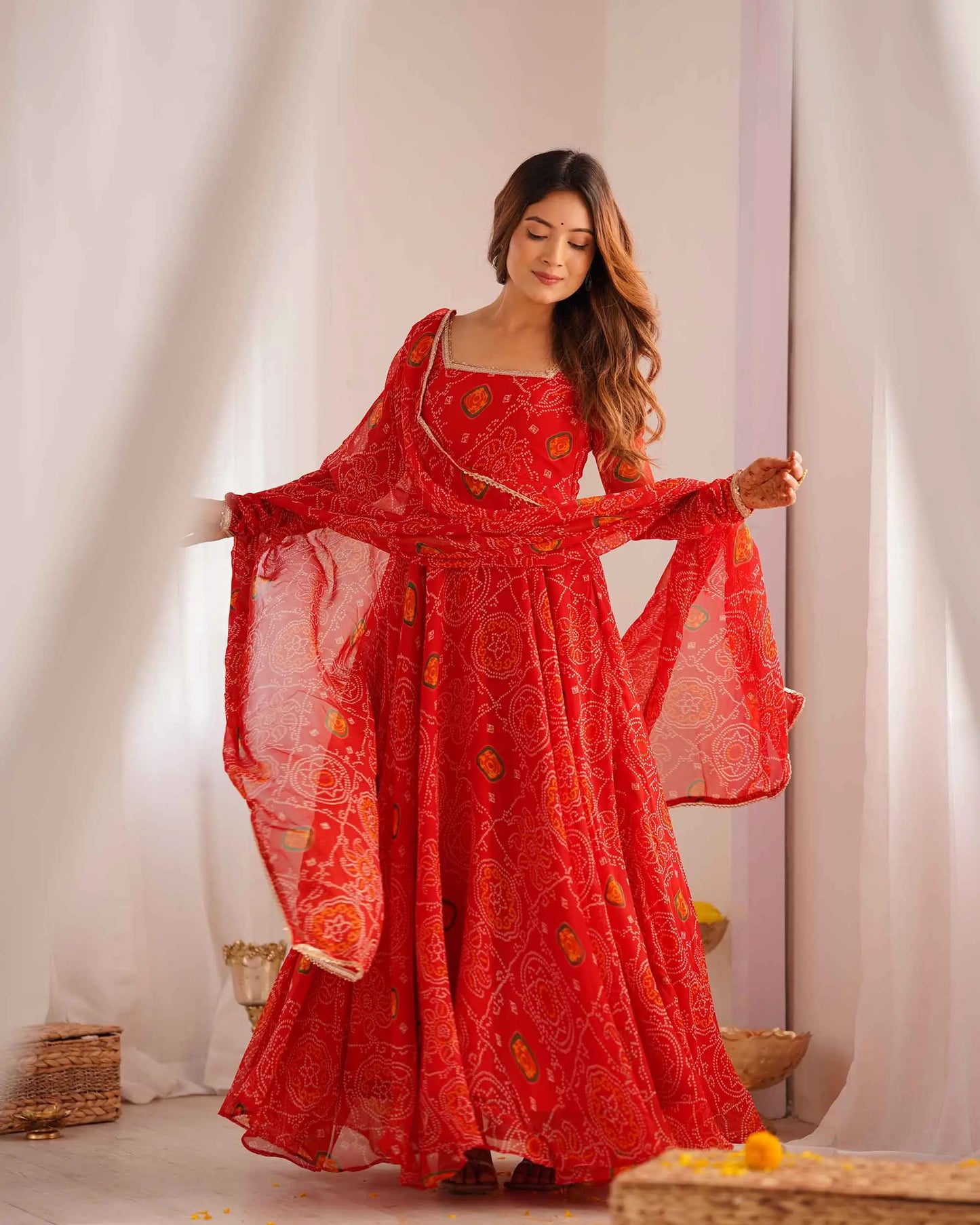 Ruby Red Soft Light Weight Chiffon Bandhej Print Gown With Dupatta