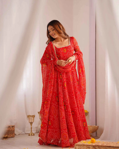 Ruby Red Soft Light Weight Chiffon Bandhej Print Gown With Dupatta
