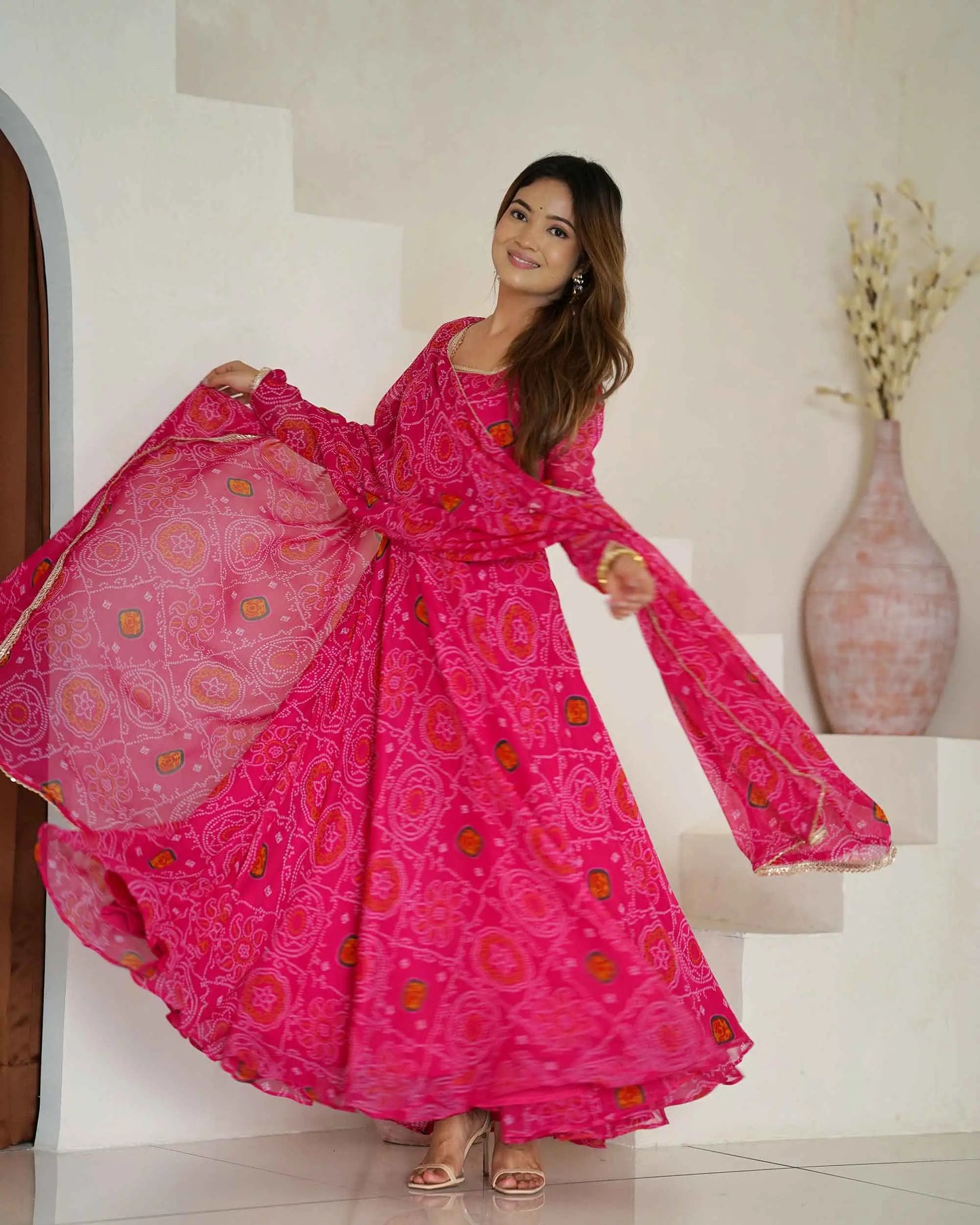 Pink Soft Light Weight Chiffon Bandhej Print Gown With Dupatta