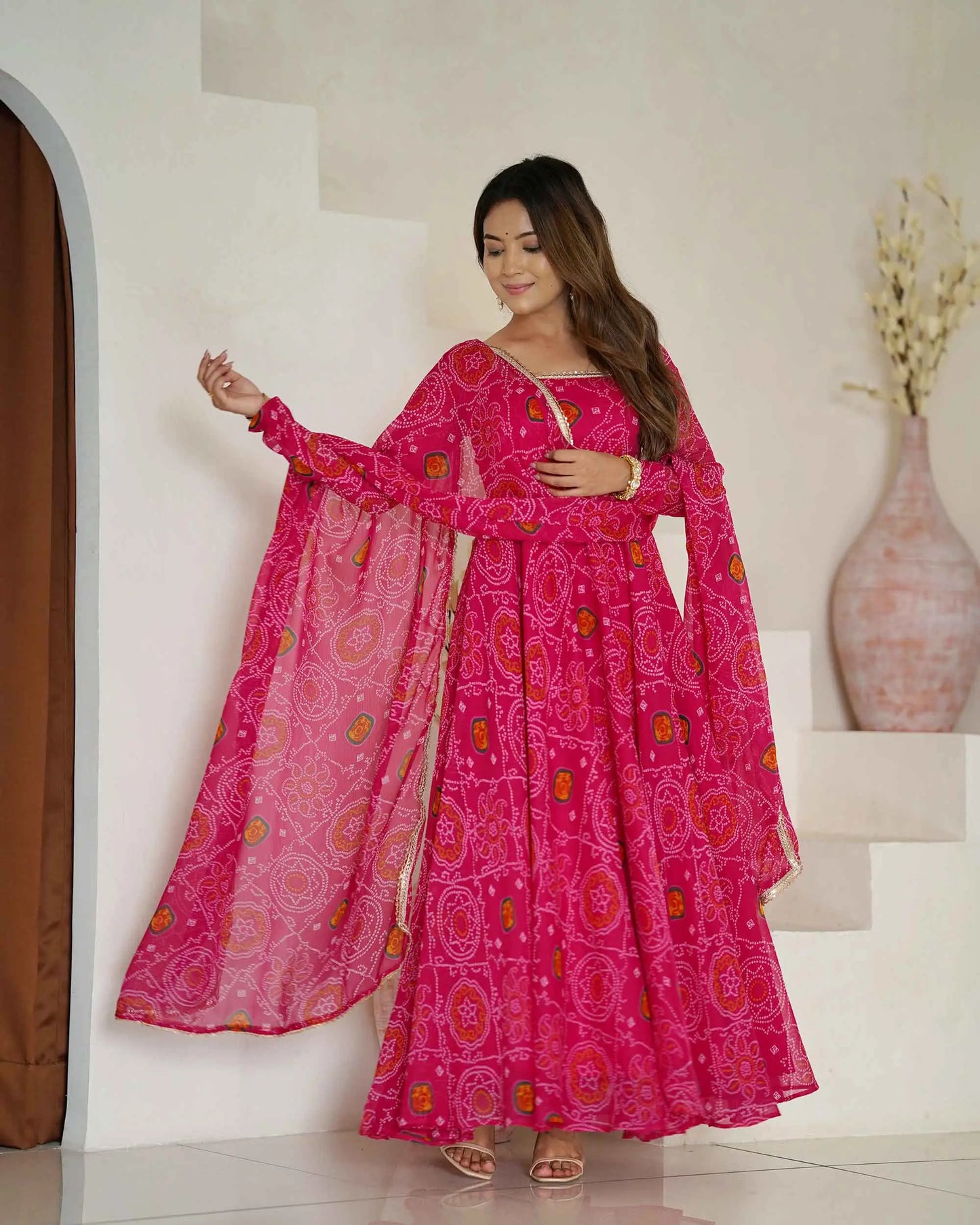 Pink Soft Light Weight Chiffon Bandhej Print Gown With Dupatta