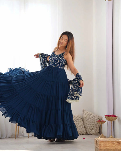 Teal Blue Georgette Empire Flair Gown With Heavy Embroidery Work Dupatta