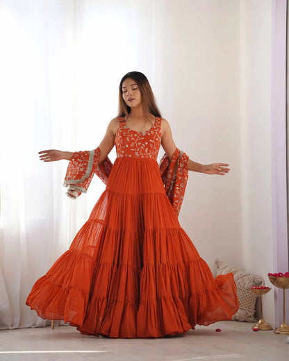 Rust Orange Georgette Empire Flair Gown With Heavy Embroidery Work Dupatta