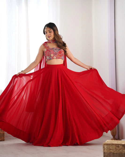 Red Georgette Lehenga With Embroidery Work With Neck Belt Dupatta