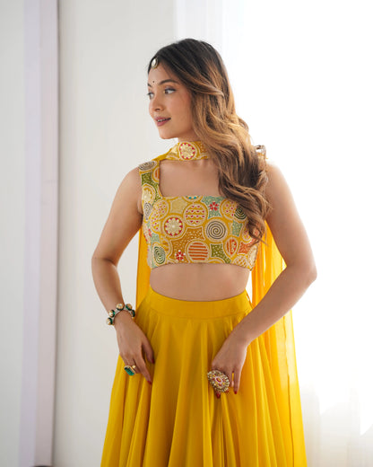 Yellow Georgette Lehenga With Embroidery Work With Neck Belt Dupatta