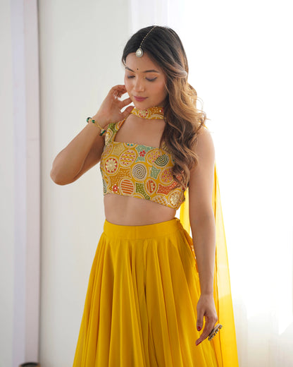 Yellow Georgette Lehenga With Embroidery Work With Neck Belt Dupatta