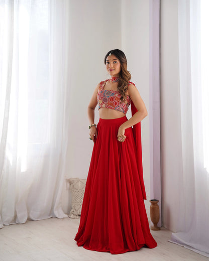 Red Georgette Lehenga With Embroidery Work With Neck Belt Dupatta