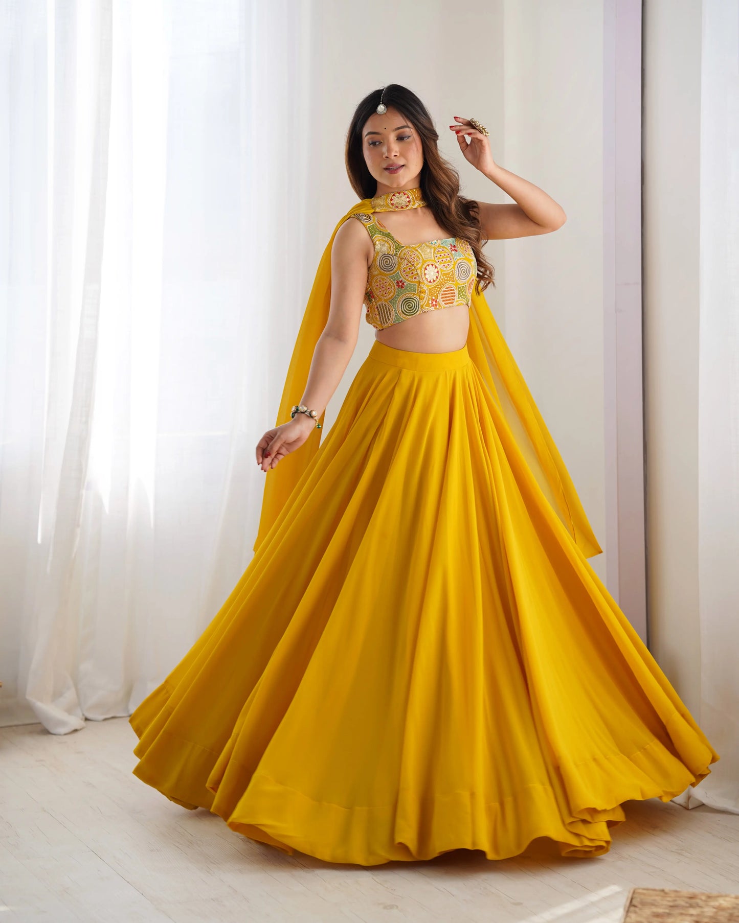 Yellow Georgette Lehenga With Embroidery Work With Neck Belt Dupatta