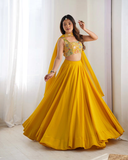 Yellow Georgette Lehenga With Embroidery Work With Neck Belt Dupatta