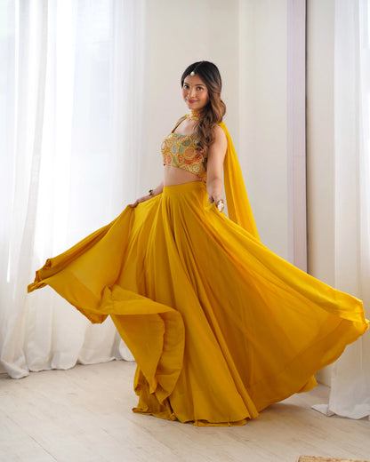 Yellow Georgette Lehenga With Embroidery Work With Neck Belt Dupatta