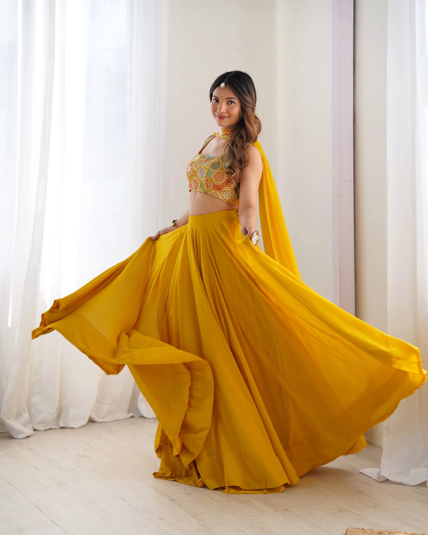 Yellow Georgette Lehenga With Embroidery Work With Neck Belt Dupatta