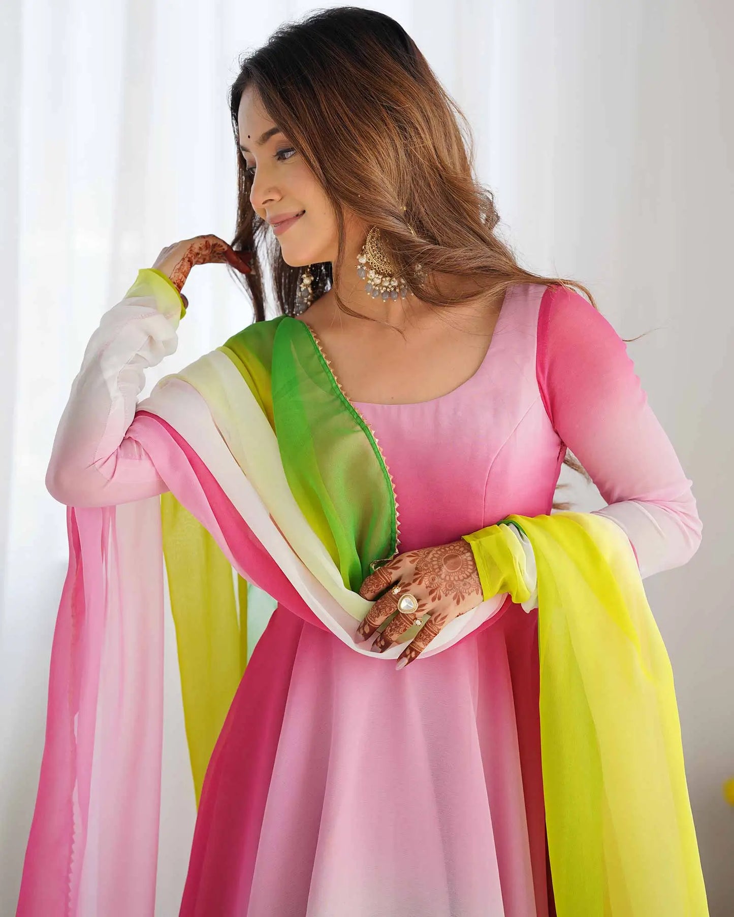 Multi Color With Colorful Padding Plain Georgette Gown With Dupatta