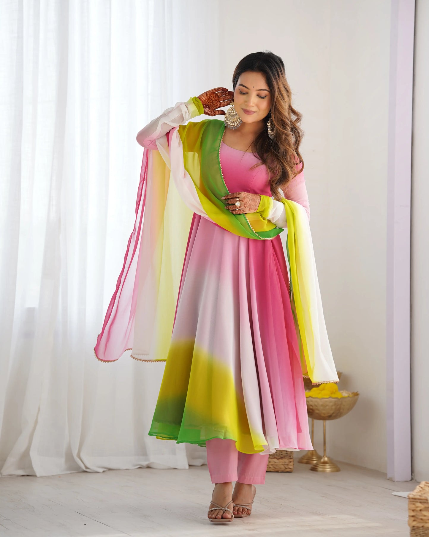 Multi Color With Colorful Padding Plain Georgette Gown With Dupatta